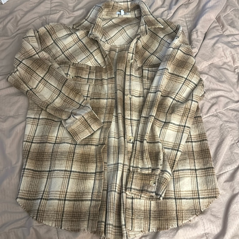 Size M Beige and Brown Flannel Shacket by White Birch